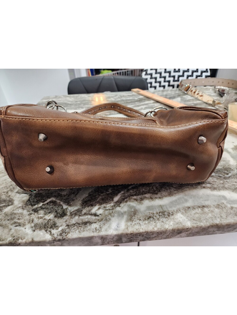Montana West Brown Leather Handbag with Turquoise Accents and Studded Detailing - Picture 3 of 9